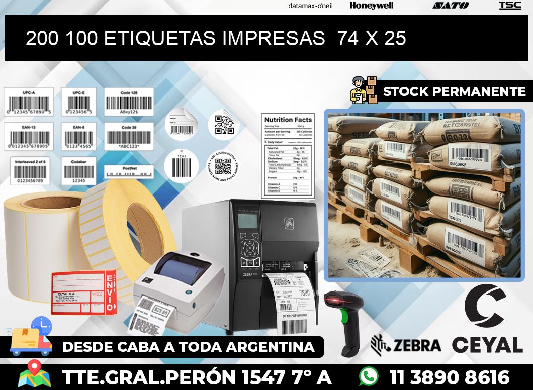 200 100 ETIQUETAS IMPRESAS  74 x 25