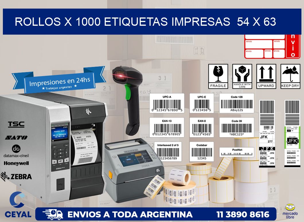 ROLLOS X 1000 ETIQUETAS IMPRESAS  54 x 63