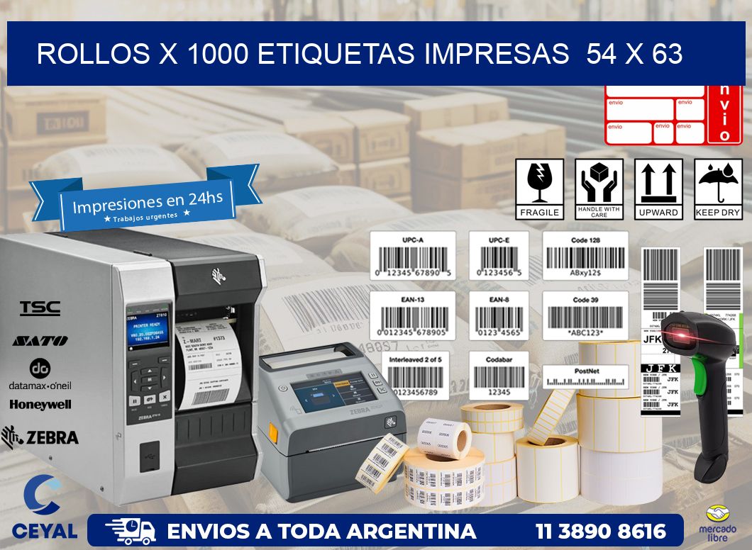 ROLLOS X 1000 ETIQUETAS IMPRESAS  54 x 63