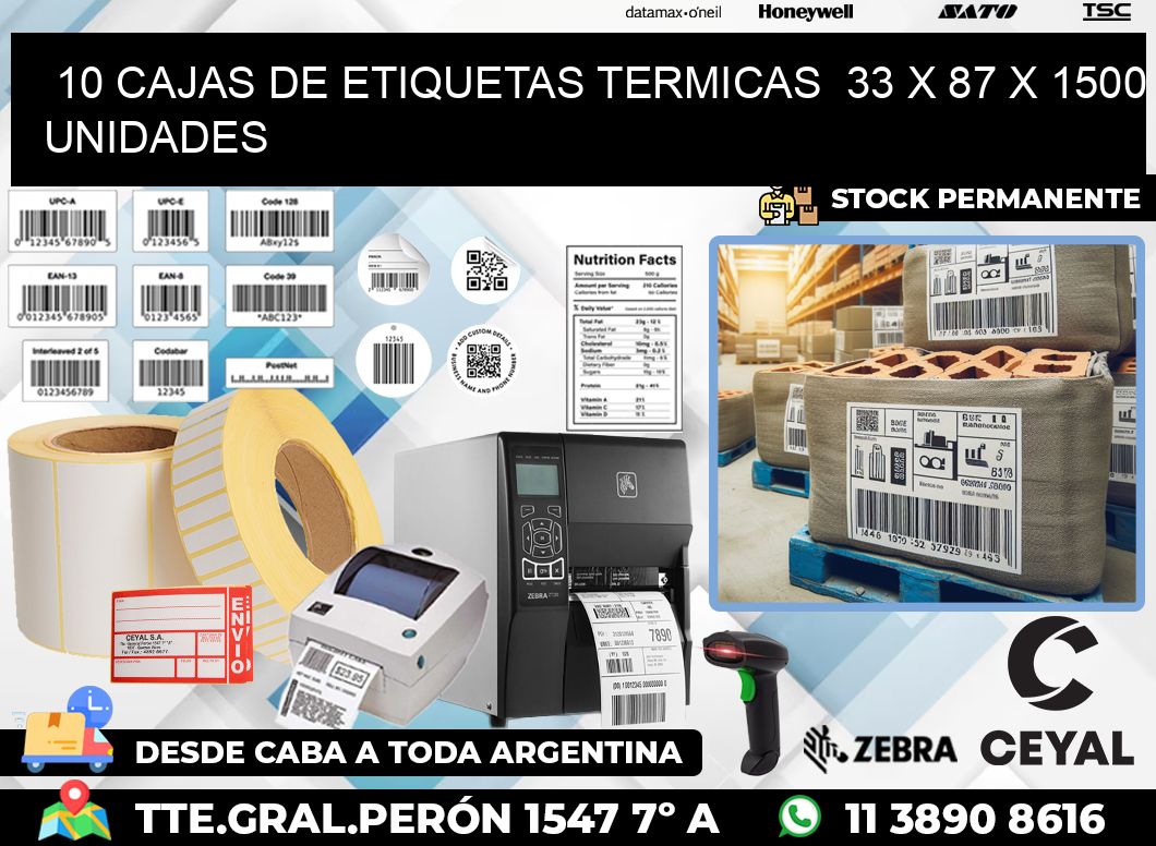 10 CAJAS DE ETIQUETAS TERMICAS  33 x 87 X 1500 UNIDADES