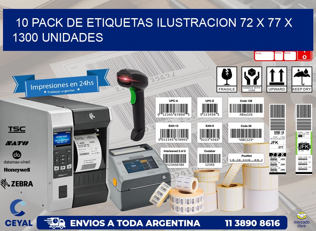 10 PACK DE ETIQUETAS ILUSTRACION 72 x 77 X 1300 UNIDADES