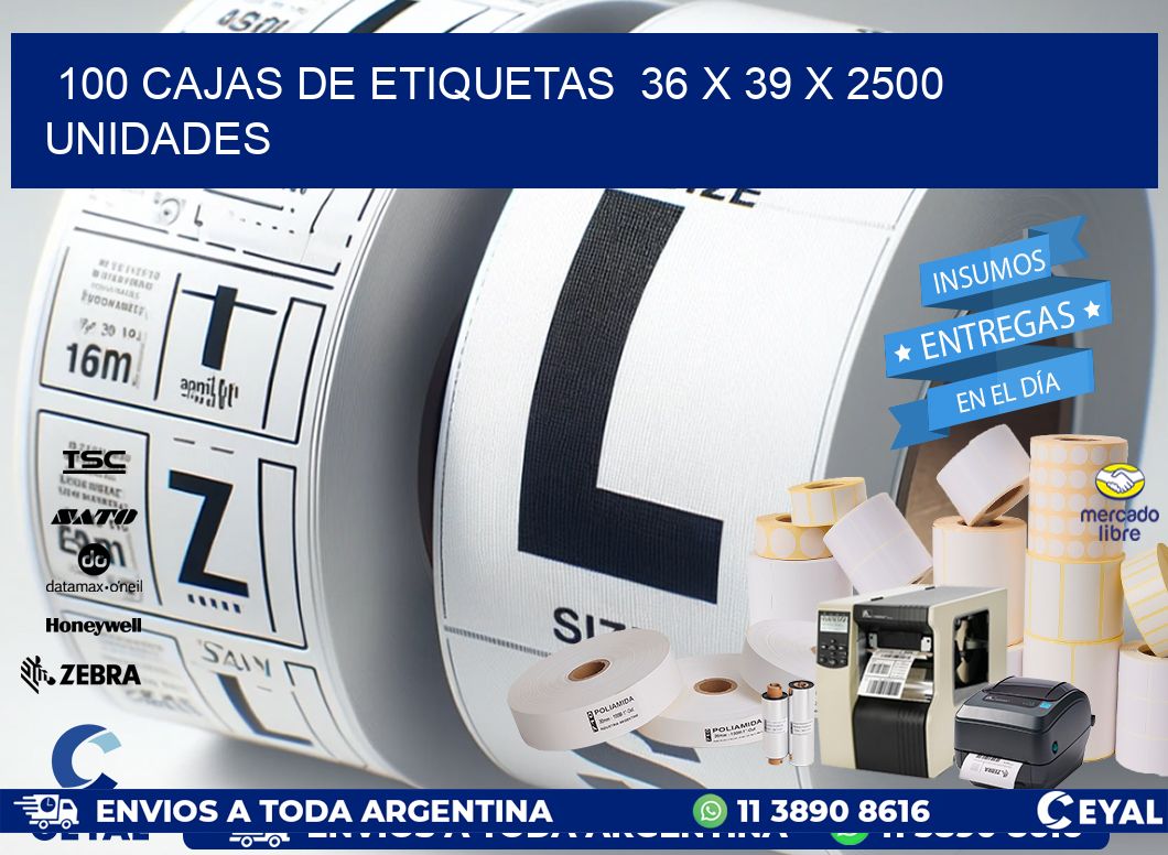 100 CAJAS DE ETIQUETAS  36 x 39 X 2500 UNIDADES