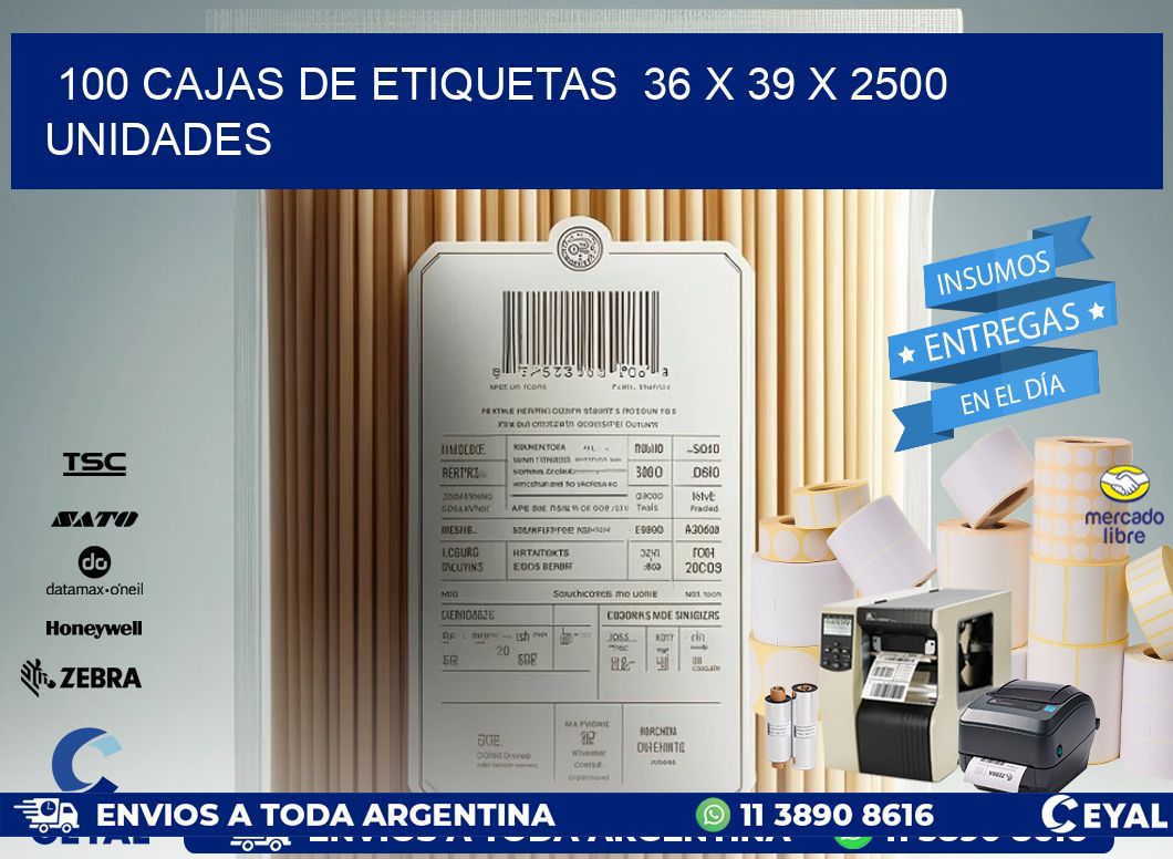 100 CAJAS DE ETIQUETAS  36 x 39 X 2500 UNIDADES