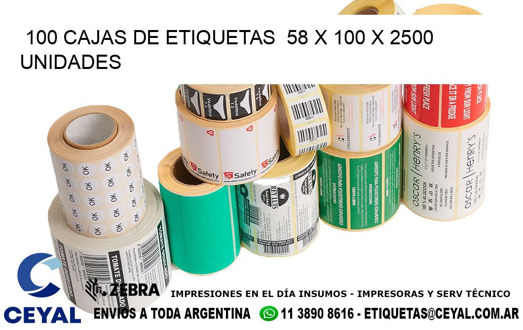 100 CAJAS DE ETIQUETAS  58 x 100 X 2500 UNIDADES