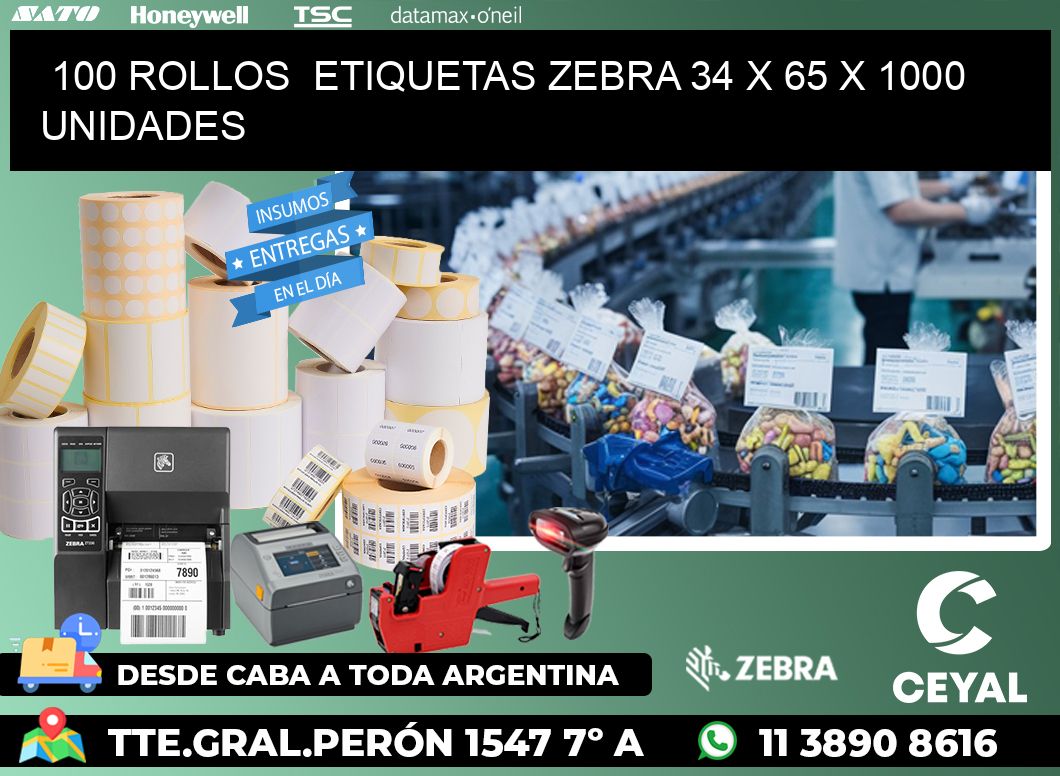 100 ROLLOS  ETIQUETAS ZEBRA 34 x 65 X 1000 UNIDADES