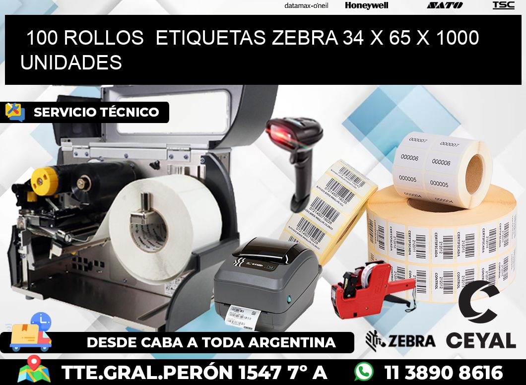 100 ROLLOS  ETIQUETAS ZEBRA 34 x 65 X 1000 UNIDADES