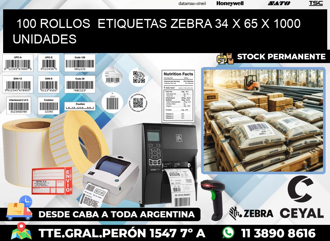 100 ROLLOS  ETIQUETAS ZEBRA 34 x 65 X 1000 UNIDADES