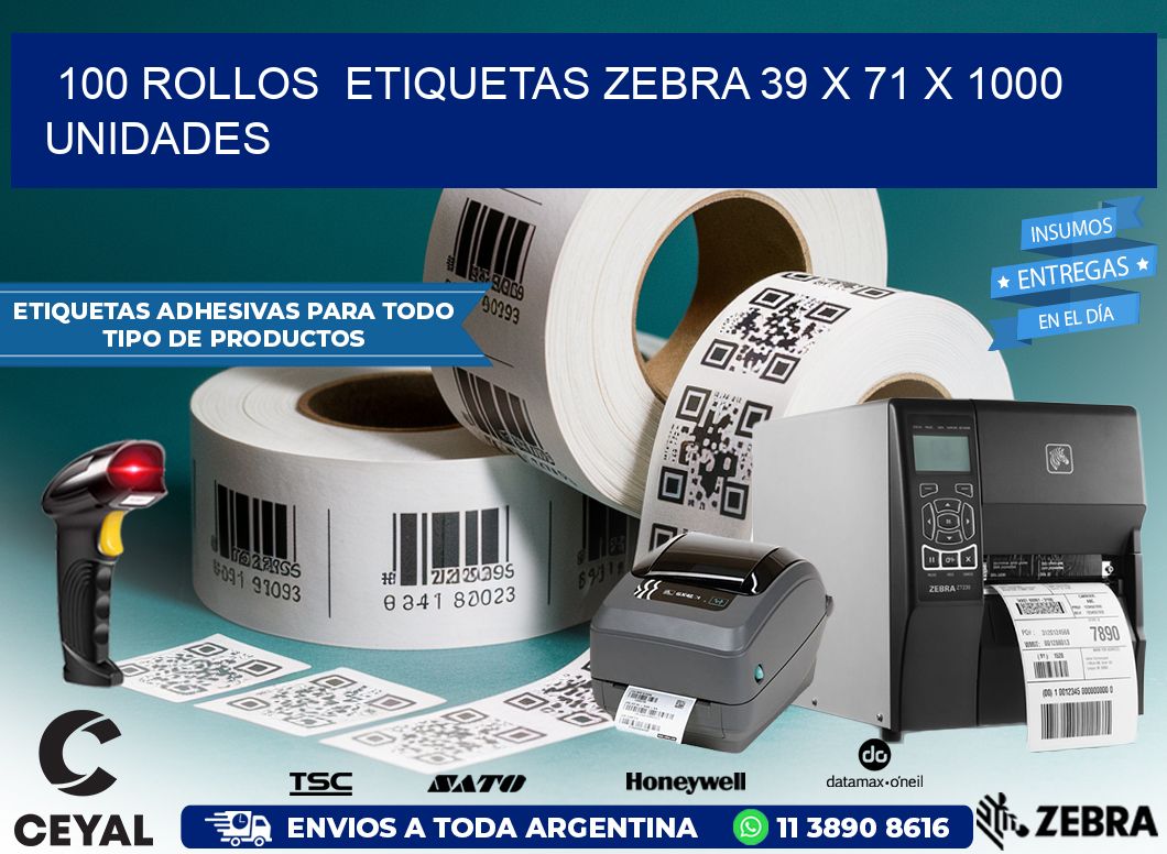 100 ROLLOS  ETIQUETAS ZEBRA 39 x 71 X 1000 UNIDADES