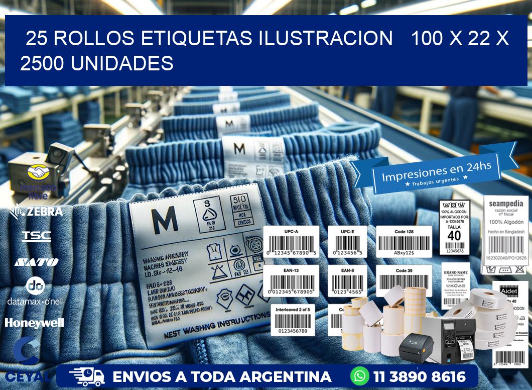 25 ROLLOS ETIQUETAS ILUSTRACION   100 x 22 X 2500 UNIDADES