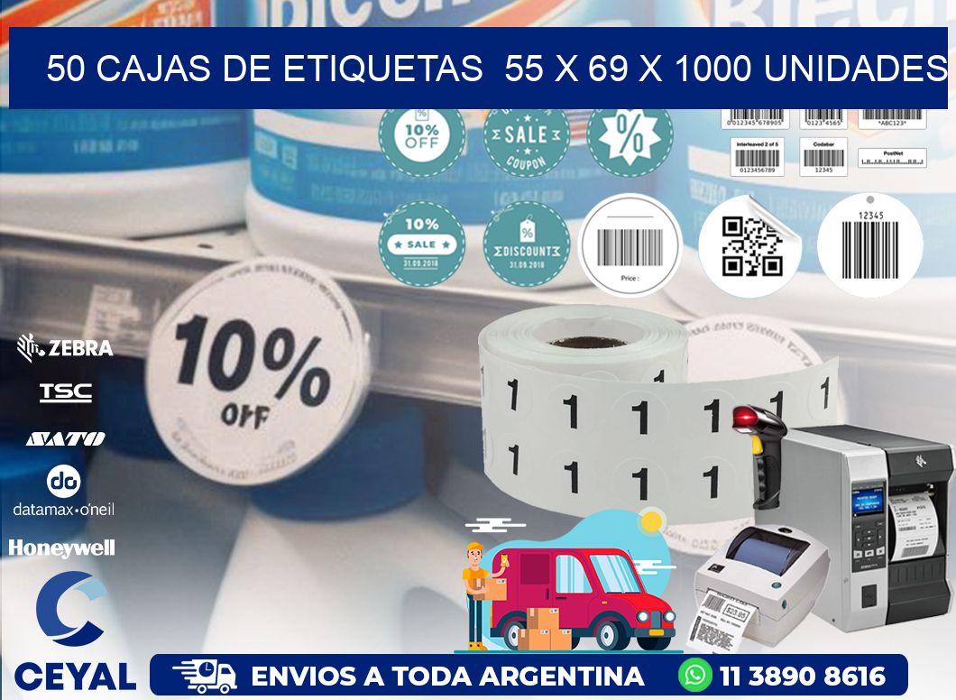 50 CAJAS DE ETIQUETAS  55 x 69 X 1000 UNIDADES