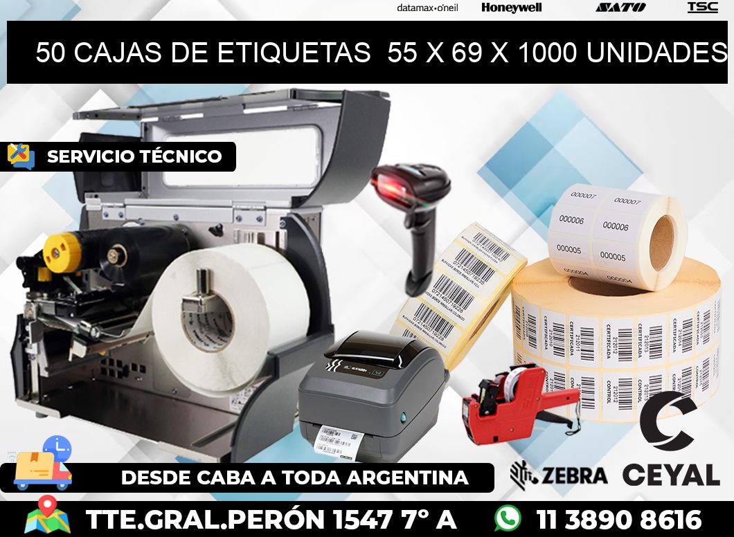 50 CAJAS DE ETIQUETAS  55 x 69 X 1000 UNIDADES