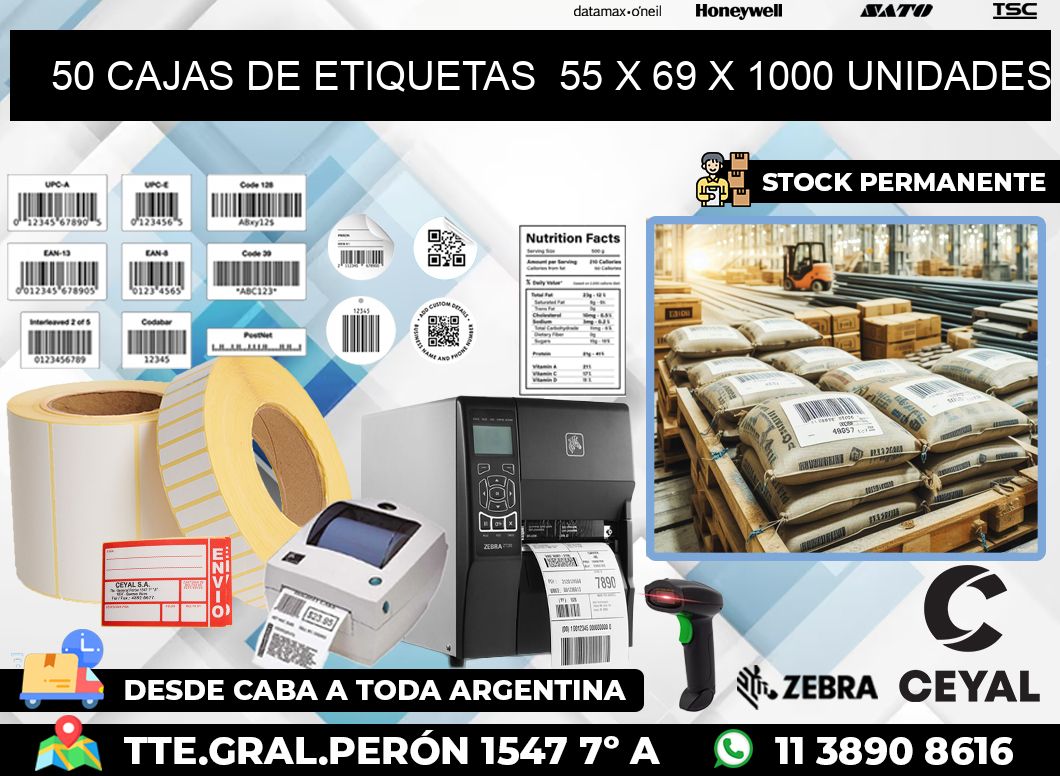 50 CAJAS DE ETIQUETAS  55 x 69 X 1000 UNIDADES