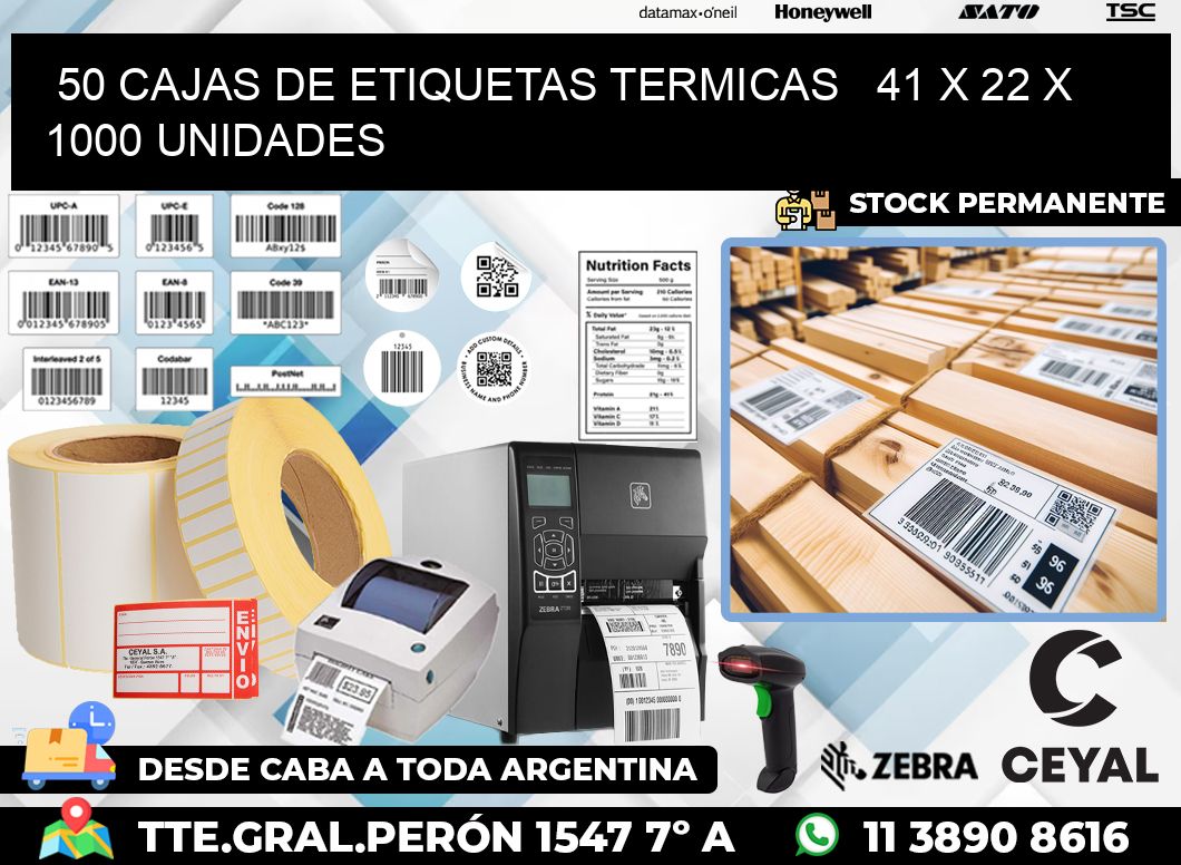 50 CAJAS DE ETIQUETAS TERMICAS   41 x 22 X 1000 UNIDADES