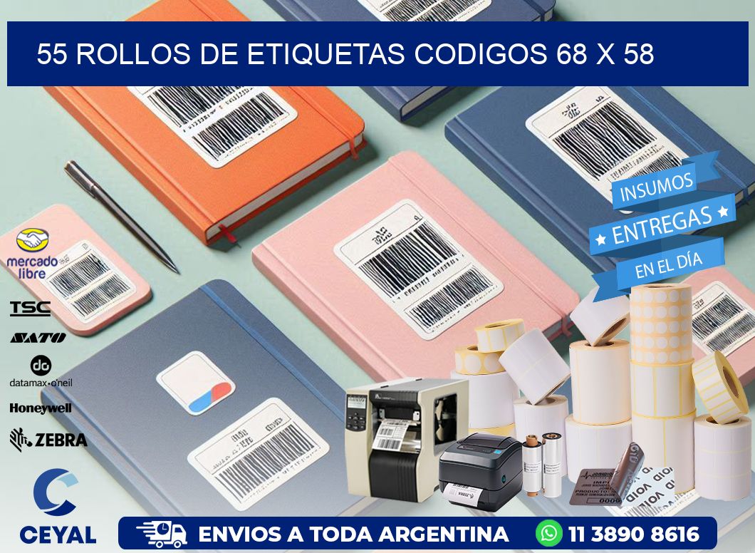 55 ROLLOS DE ETIQUETAS CODIGOS 68 x 58