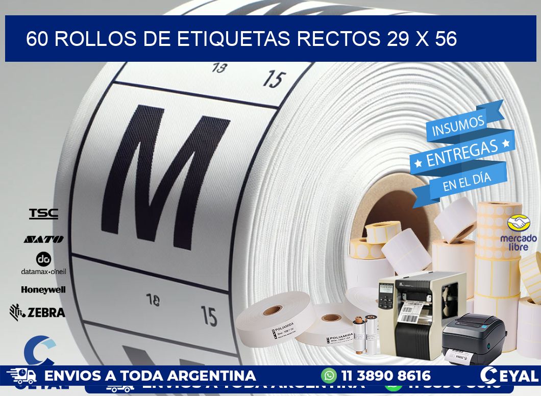 60 ROLLOS DE ETIQUETAS RECTOS 29 x 56