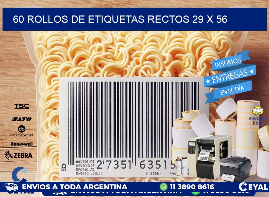 60 ROLLOS DE ETIQUETAS RECTOS 29 x 56