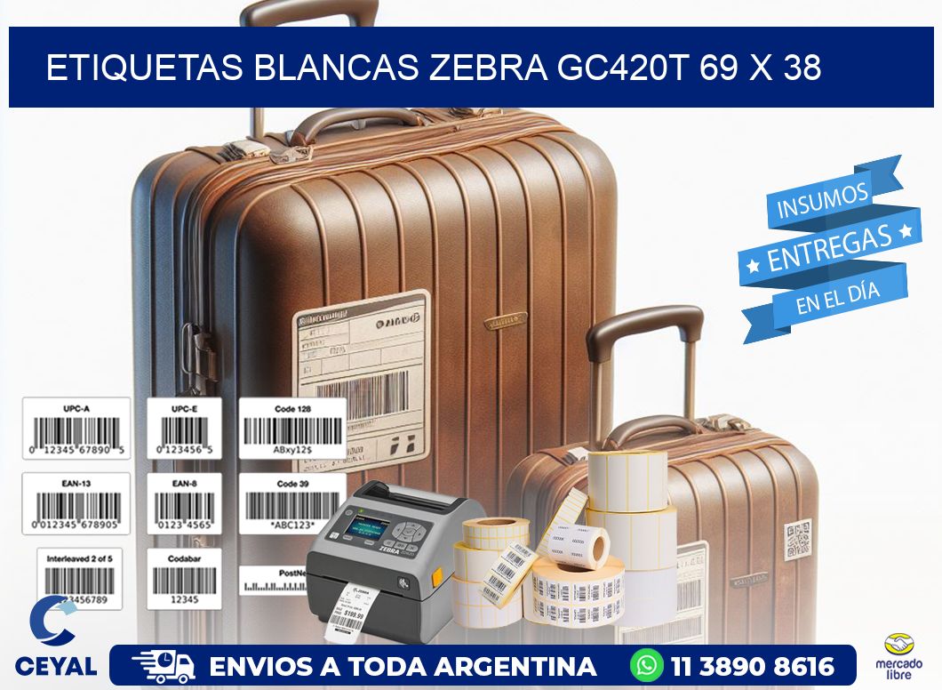 ETIQUETAS BLANCAS ZEBRA GC420T 69 x 38