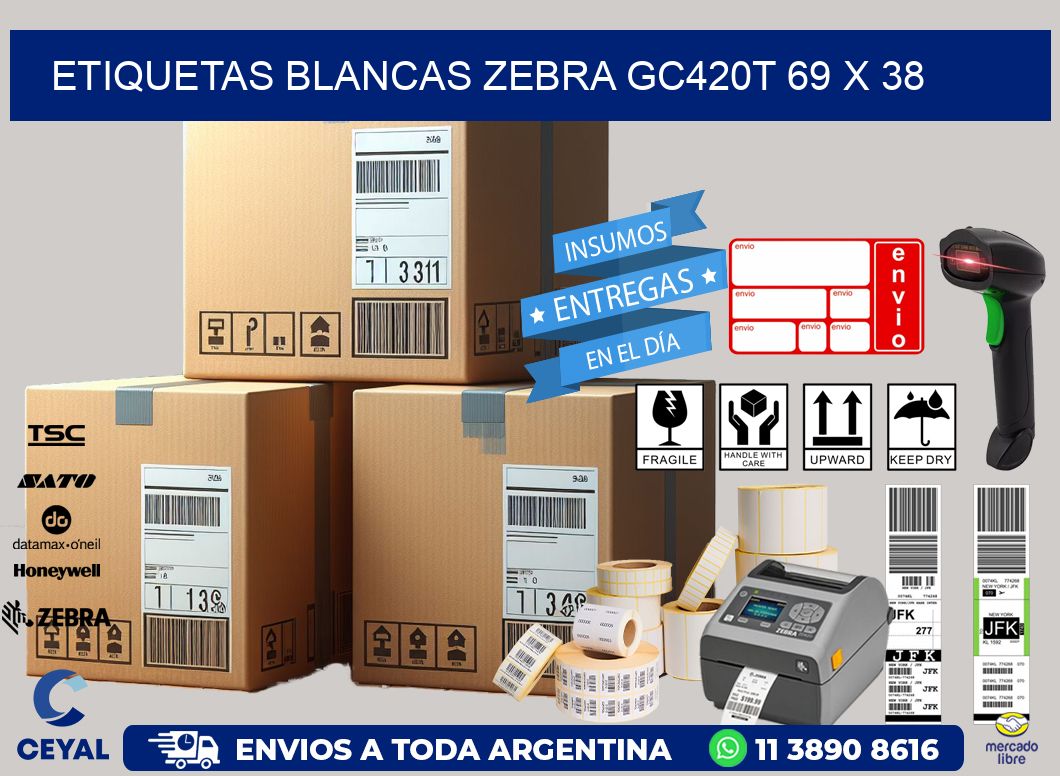 ETIQUETAS BLANCAS ZEBRA GC420T 69 x 38