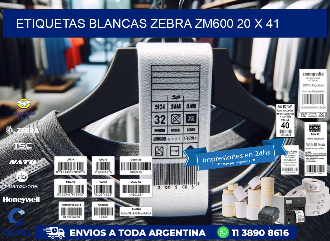 ETIQUETAS BLANCAS ZEBRA ZM600 20 x 41