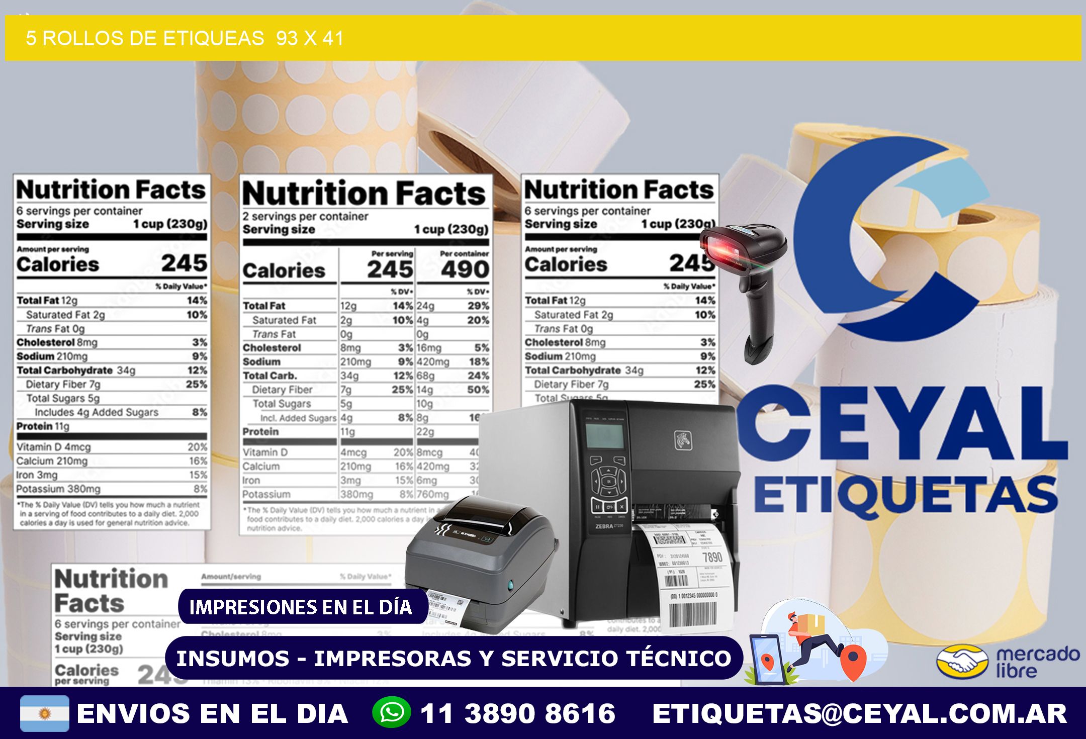 5 ROLLOS DE ETIQUEAS  93 x 41