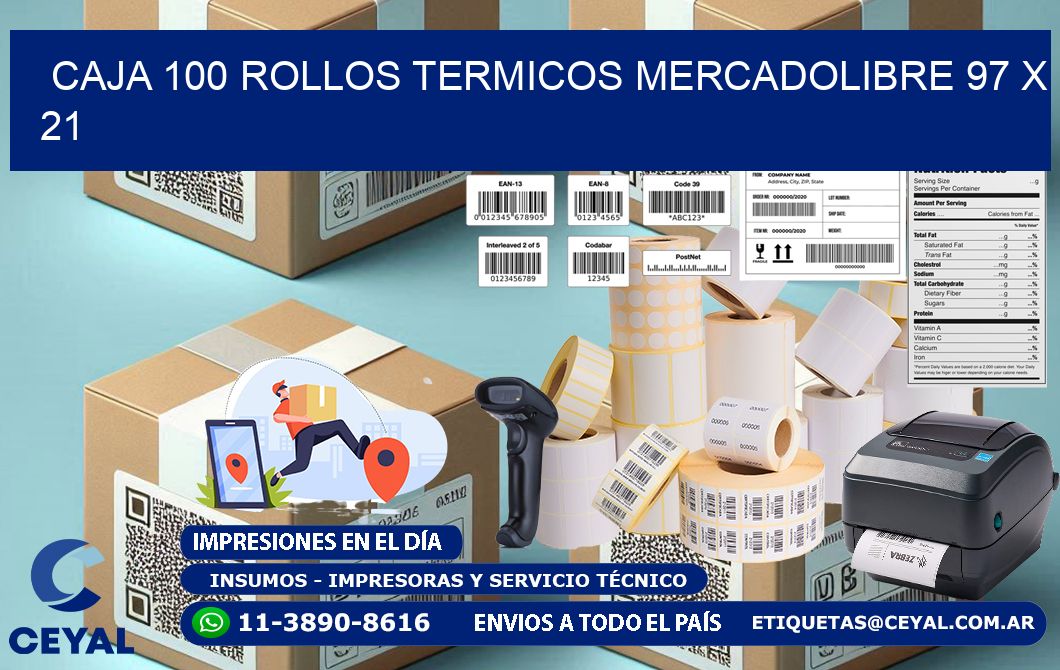 CAJA 100 ROLLOS TERMICOS MERCADOLIBRE 97 x 21
