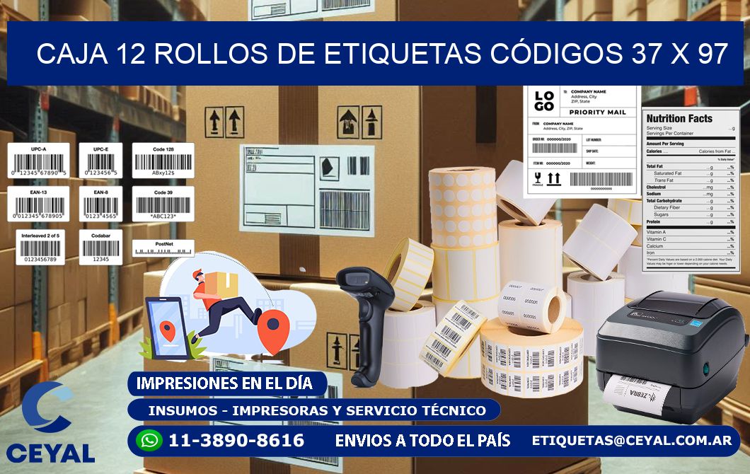 CAJA 12 ROLLOS DE ETIQUETAS CÓDIGOS 37 x 97