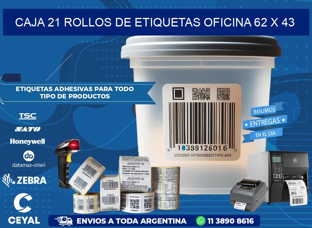 CAJA 21 ROLLOS DE ETIQUETAS OFICINA 62 x 43