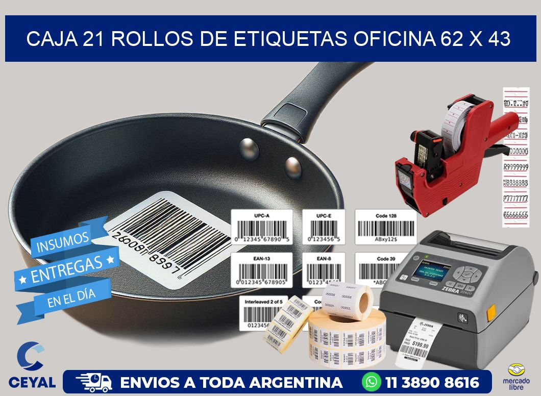 CAJA 21 ROLLOS DE ETIQUETAS OFICINA 62 x 43