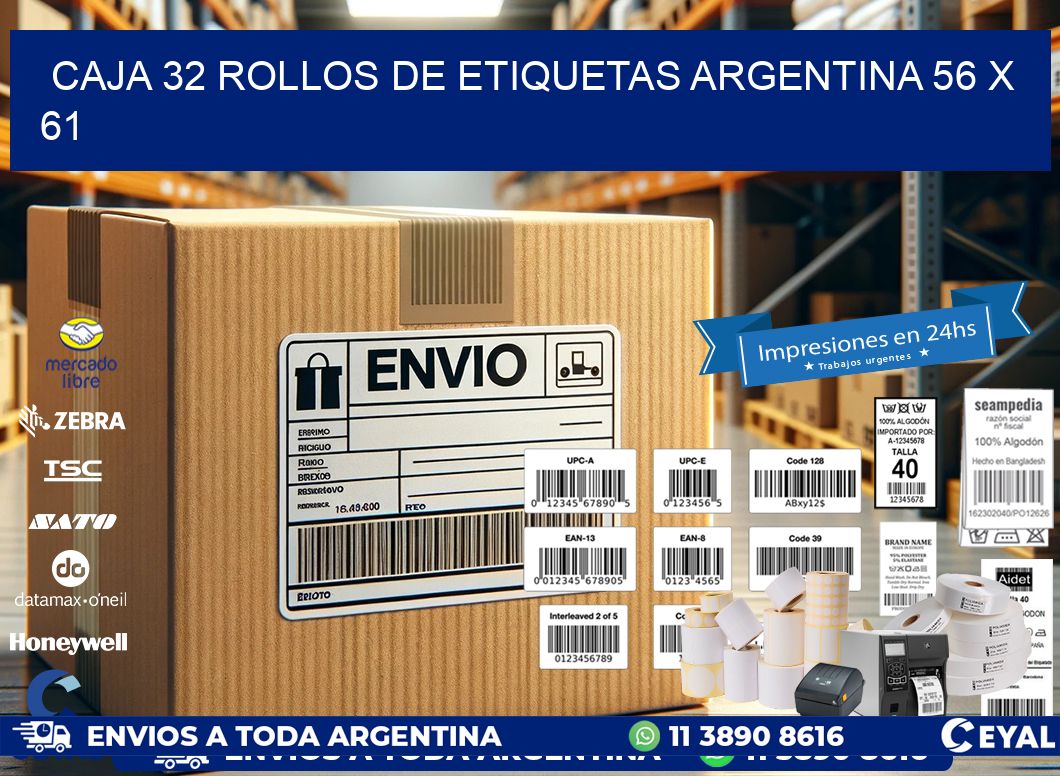 CAJA 32 ROLLOS DE ETIQUETAS ARGENTINA 56 x 61