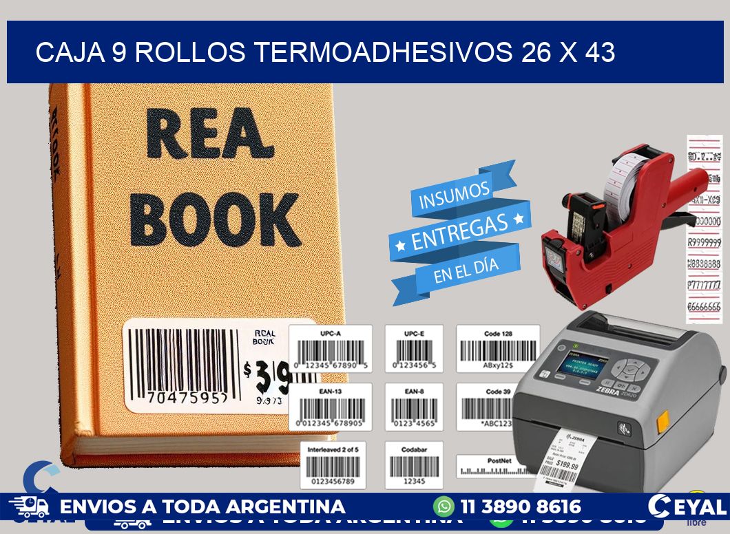 CAJA 9 ROLLOS TERMOADHESIVOS 26 x 43