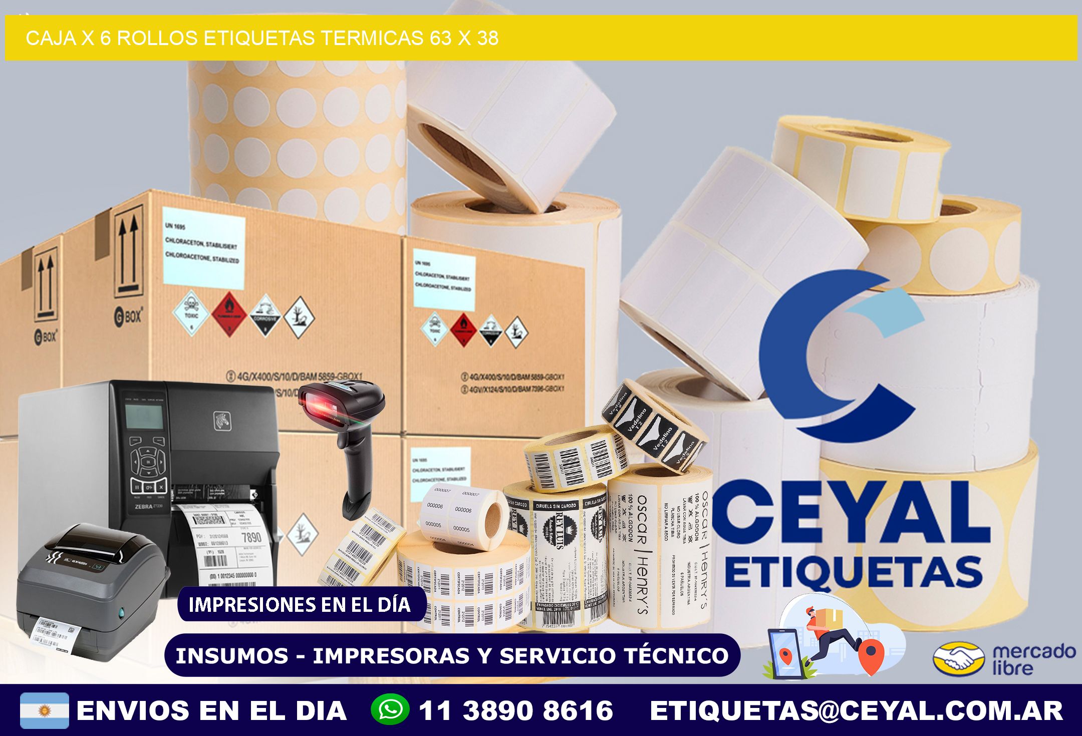 Caja X 6 Rollos Etiquetas termicas 63 x 38