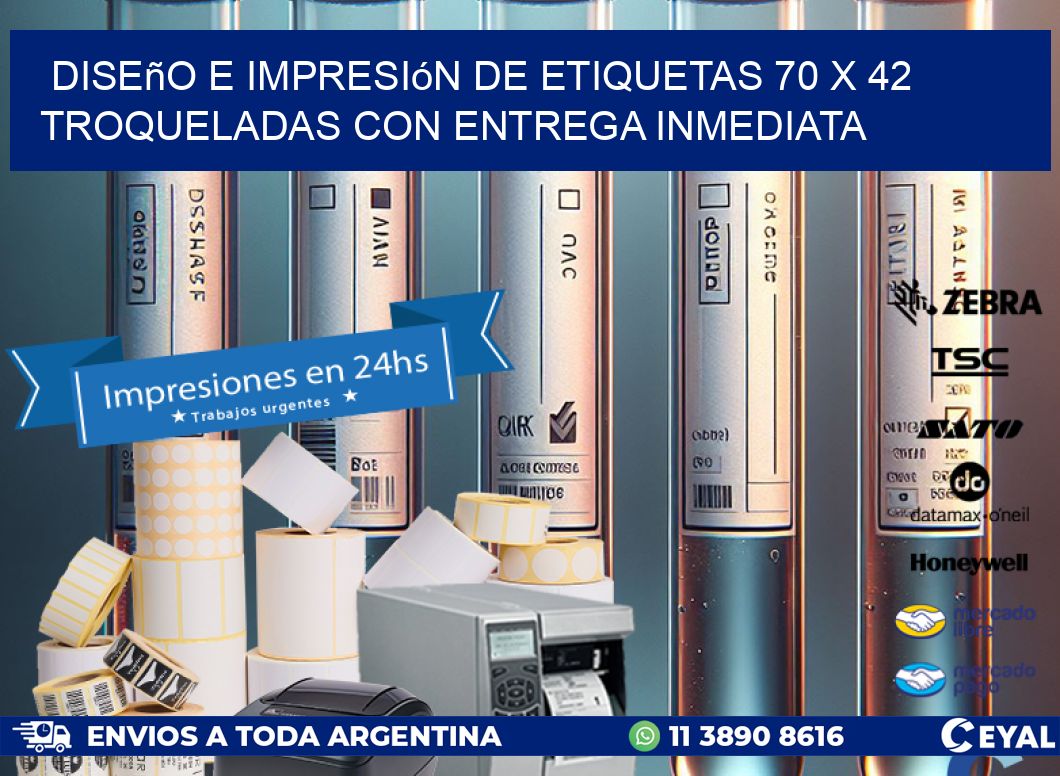 Diseño e impresión de etiquetas 70 x 42 troqueladas con entrega inmediata
