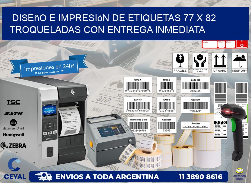 Diseño e impresión de etiquetas 77 x 82 troqueladas con entrega inmediata