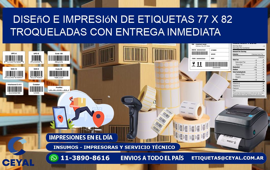 Diseño e impresión de etiquetas 77 x 82 troqueladas con entrega inmediata