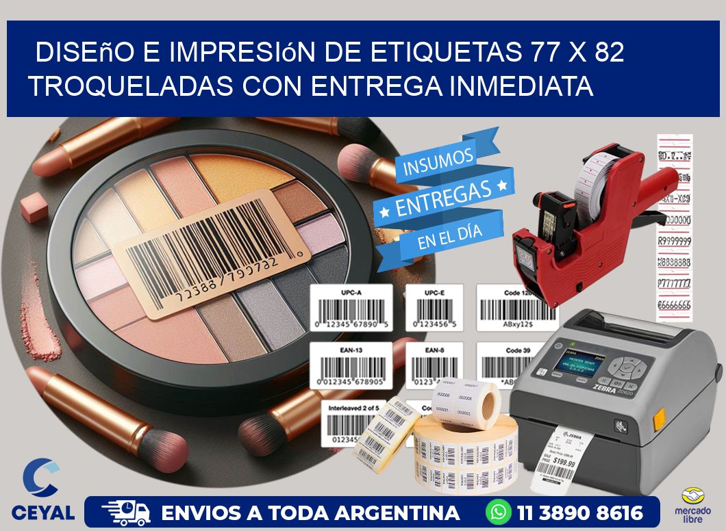 Diseño e impresión de etiquetas 77 x 82 troqueladas con entrega inmediata
