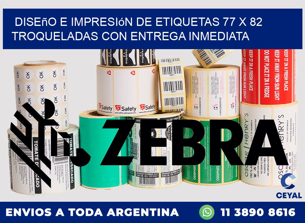 Diseño e impresión de etiquetas 77 x 82 troqueladas con entrega inmediata