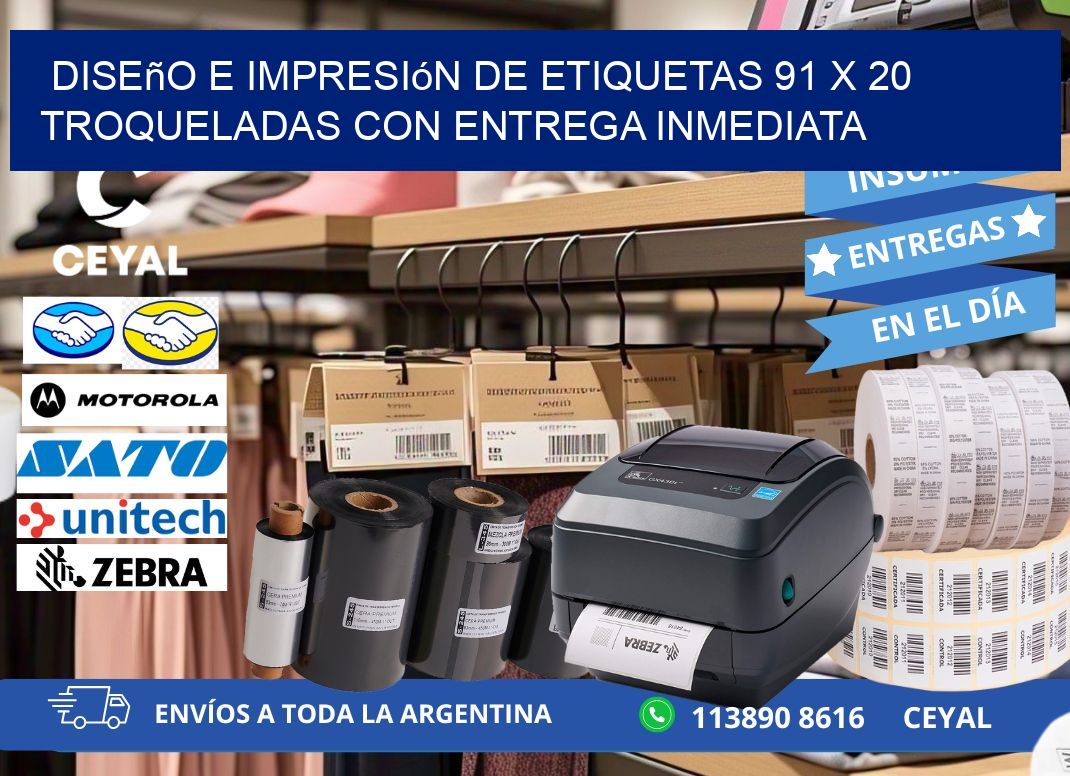 Diseño e impresión de etiquetas 91 x 20 troqueladas con entrega inmediata