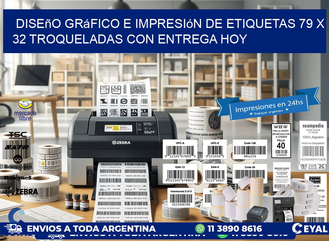 Diseño gráfico e impresión de etiquetas 79 x 32 troqueladas con entrega hoy