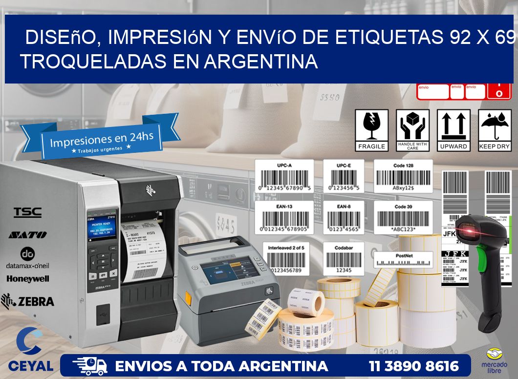 Diseño, impresión y envío de etiquetas 92 x 69 troqueladas en Argentina