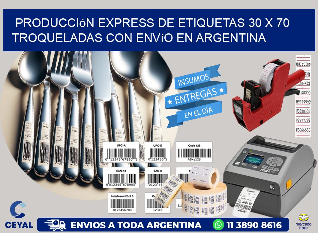 Producción express de etiquetas 30 x 70 troqueladas con envío en Argentina