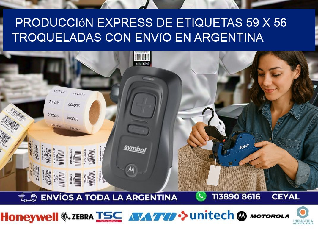 Producción express de etiquetas 59 x 56 troqueladas con envío en Argentina