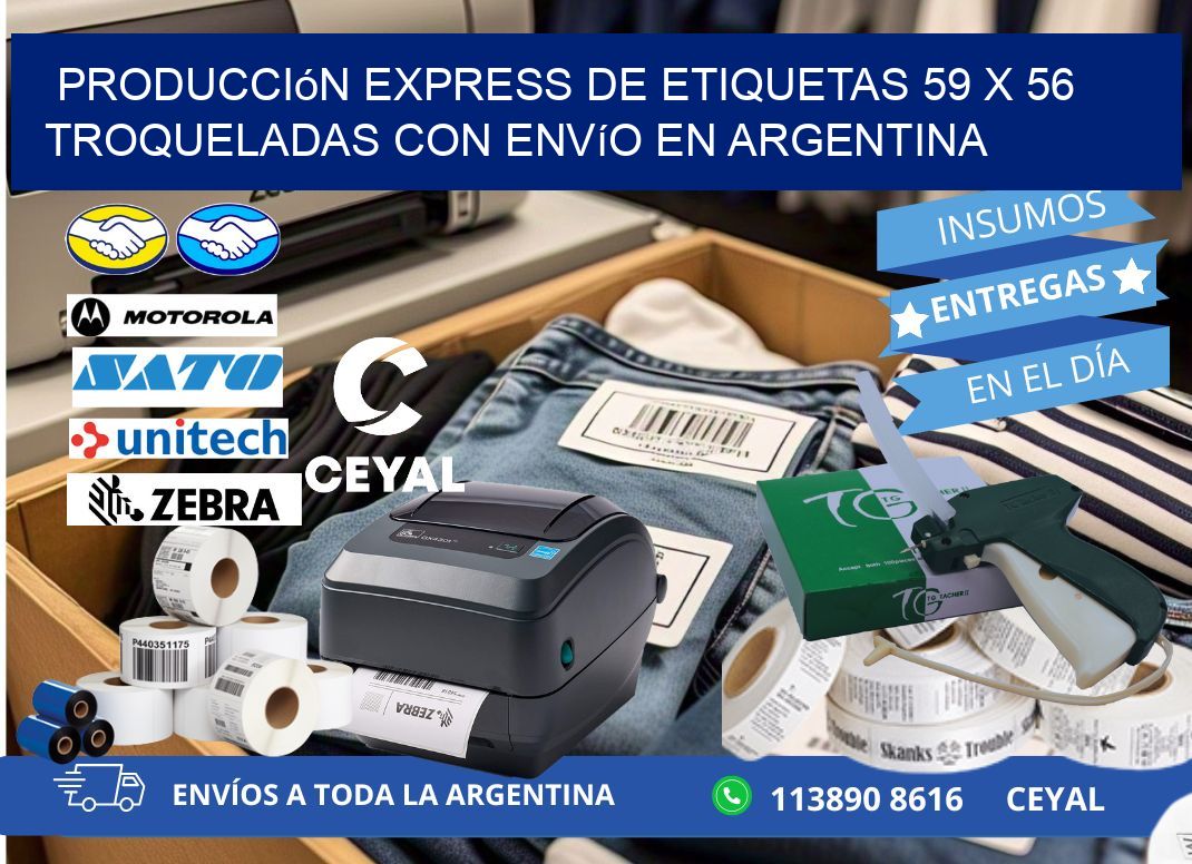 Producción express de etiquetas 59 x 56 troqueladas con envío en Argentina