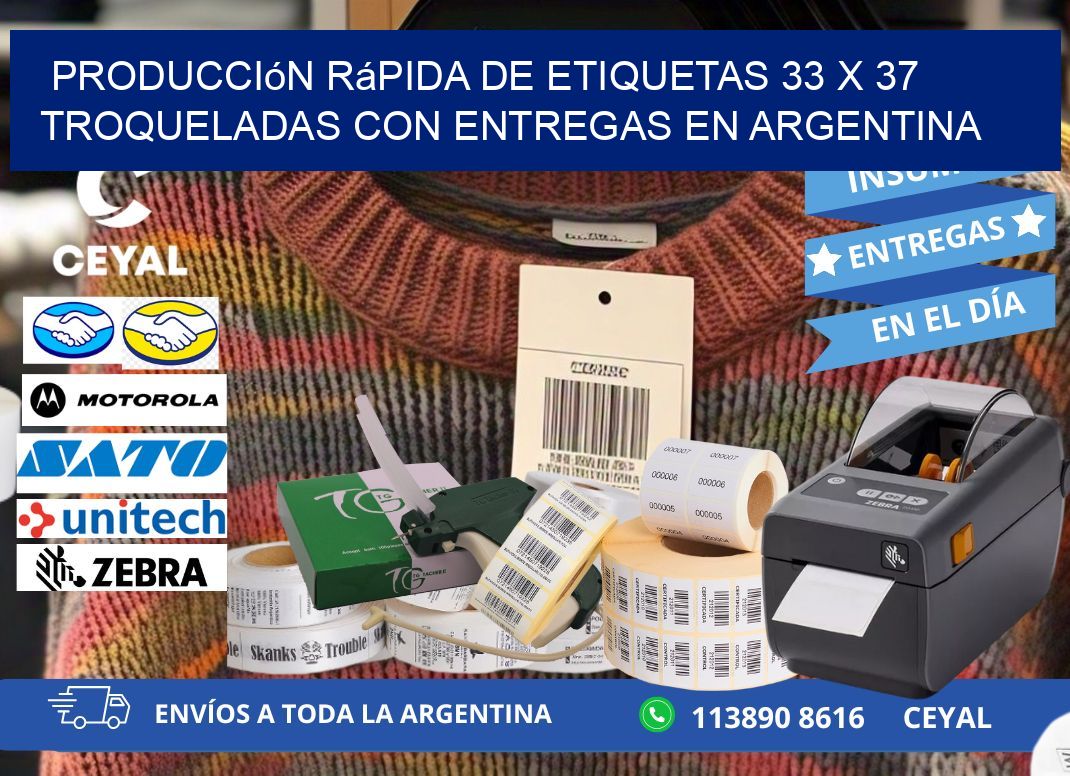 Producción rápida de etiquetas 33 x 37 troqueladas con entregas en Argentina