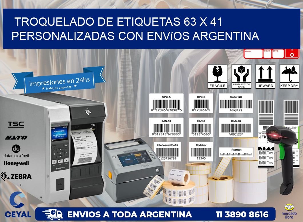 Troquelado de etiquetas 63 x 41 personalizadas con envíos Argentina