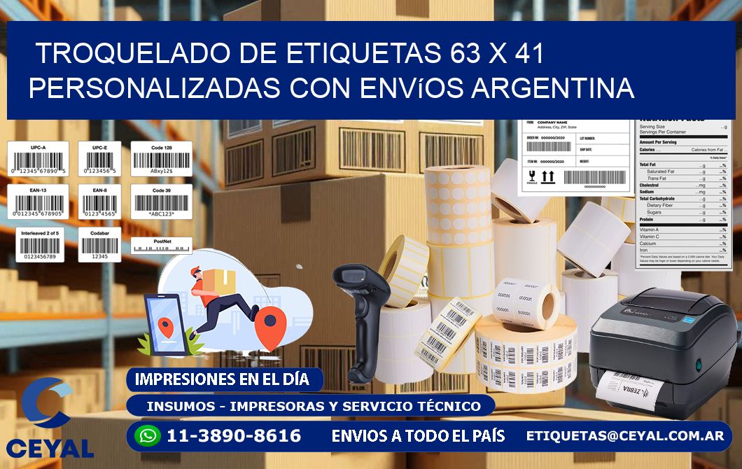 Troquelado de etiquetas 63 x 41 personalizadas con envíos Argentina