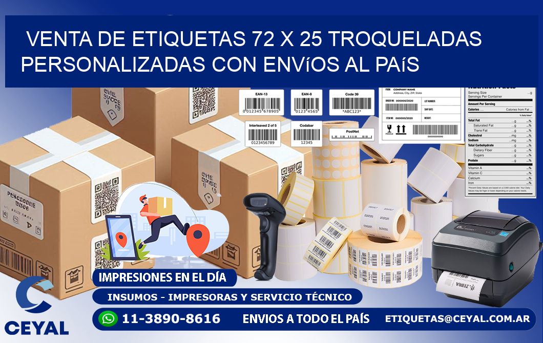 Venta de etiquetas 72 x 25 troqueladas personalizadas con envíos al país
